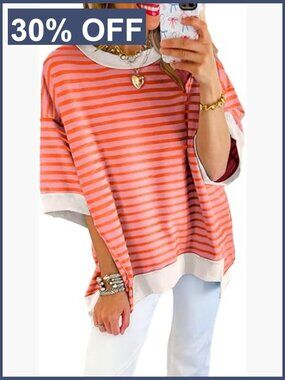 Womens Short Sleeve Striped Crewneck Pullover Sweatshirt Loose Tunic Top